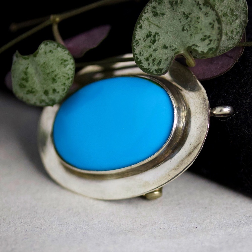 Native American Handmade Sterling Silver Turquoise Oval Brooch Pendant Pin